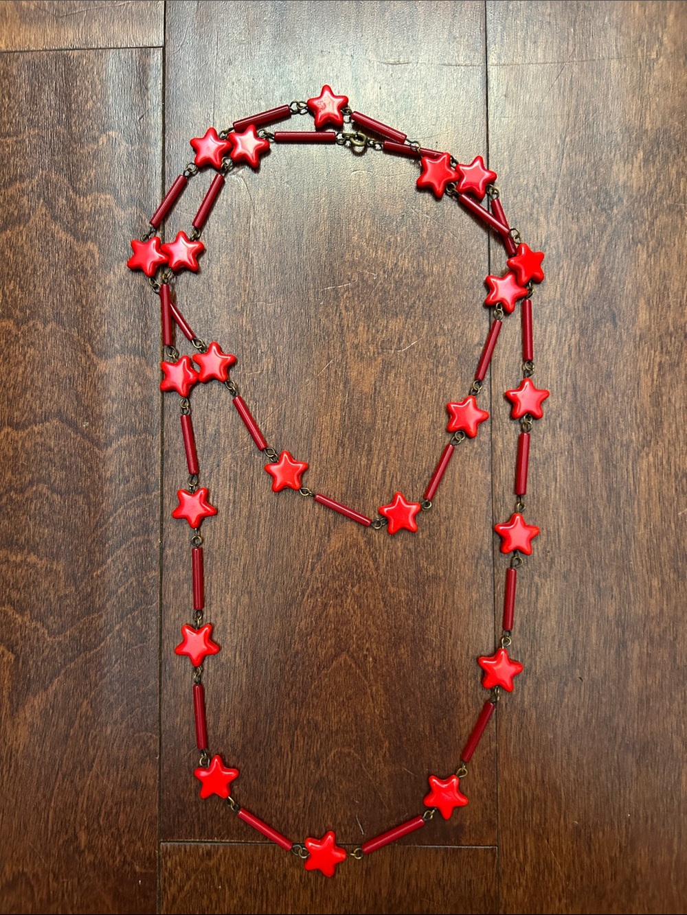 Vintage Red Star Glass Bead Necklace Handmade on Oxidized Wire Women Jewelry